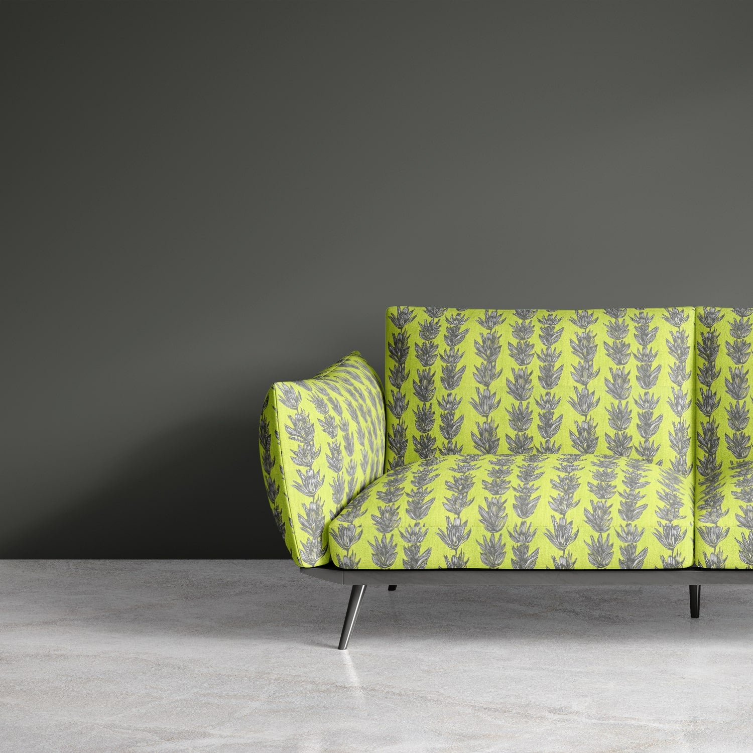 Mid-century sofa upholstered in green botanical Sketch No.3 fabric