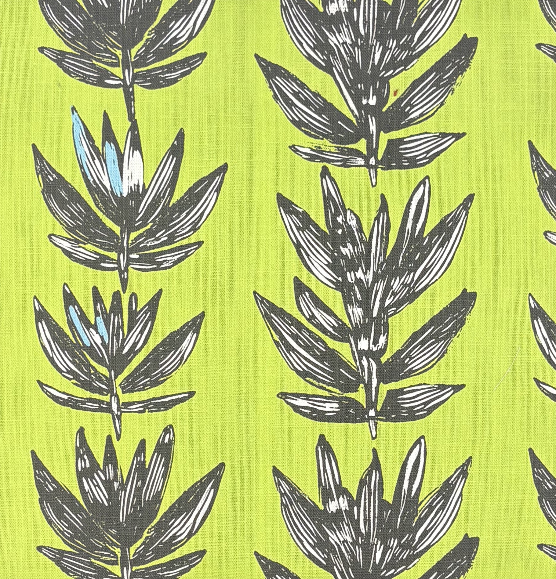Sketch No.4 green upholstery fabric with black hand-drawn leaves
