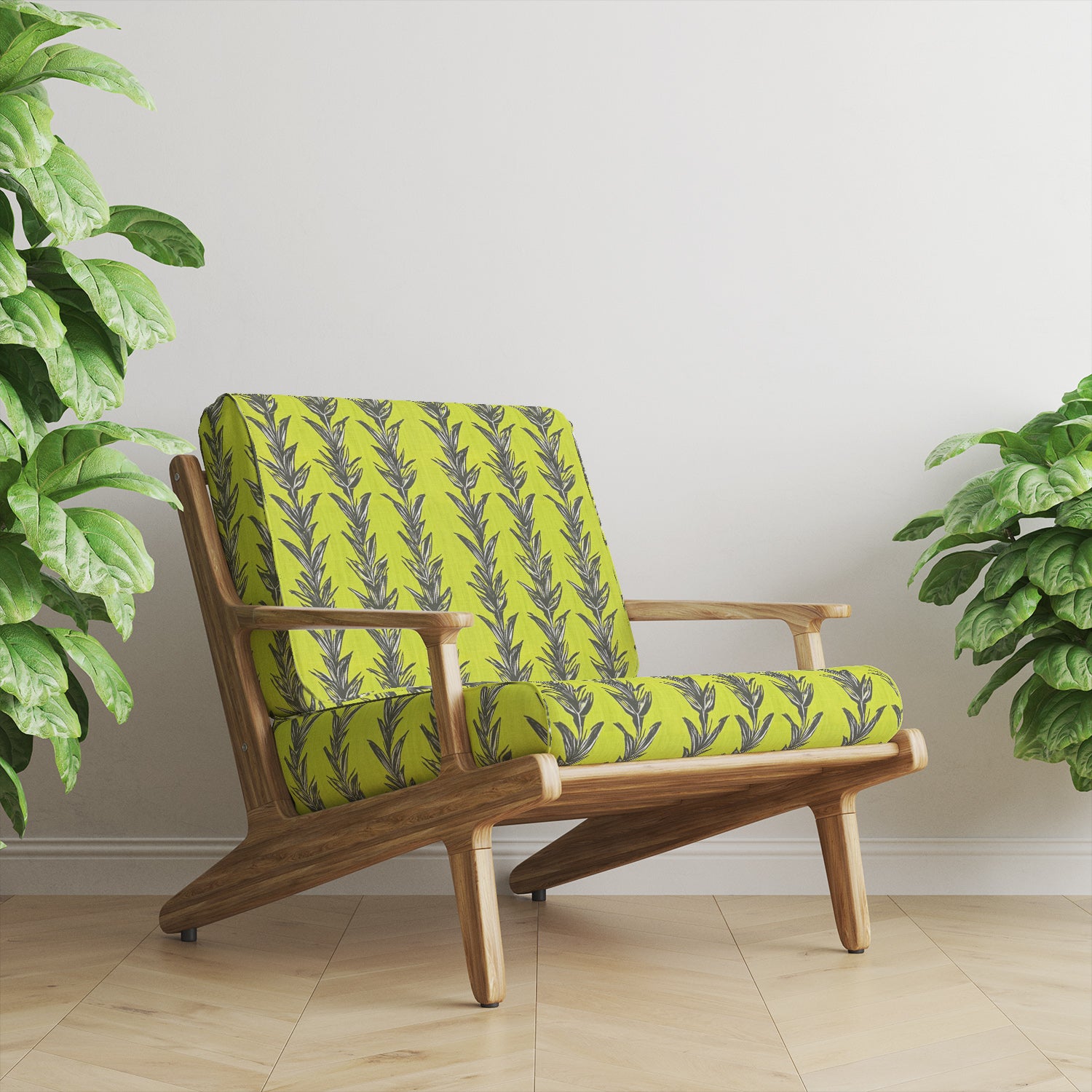 Mid-century style chair upholstered in hand-drawn leaf green fabric