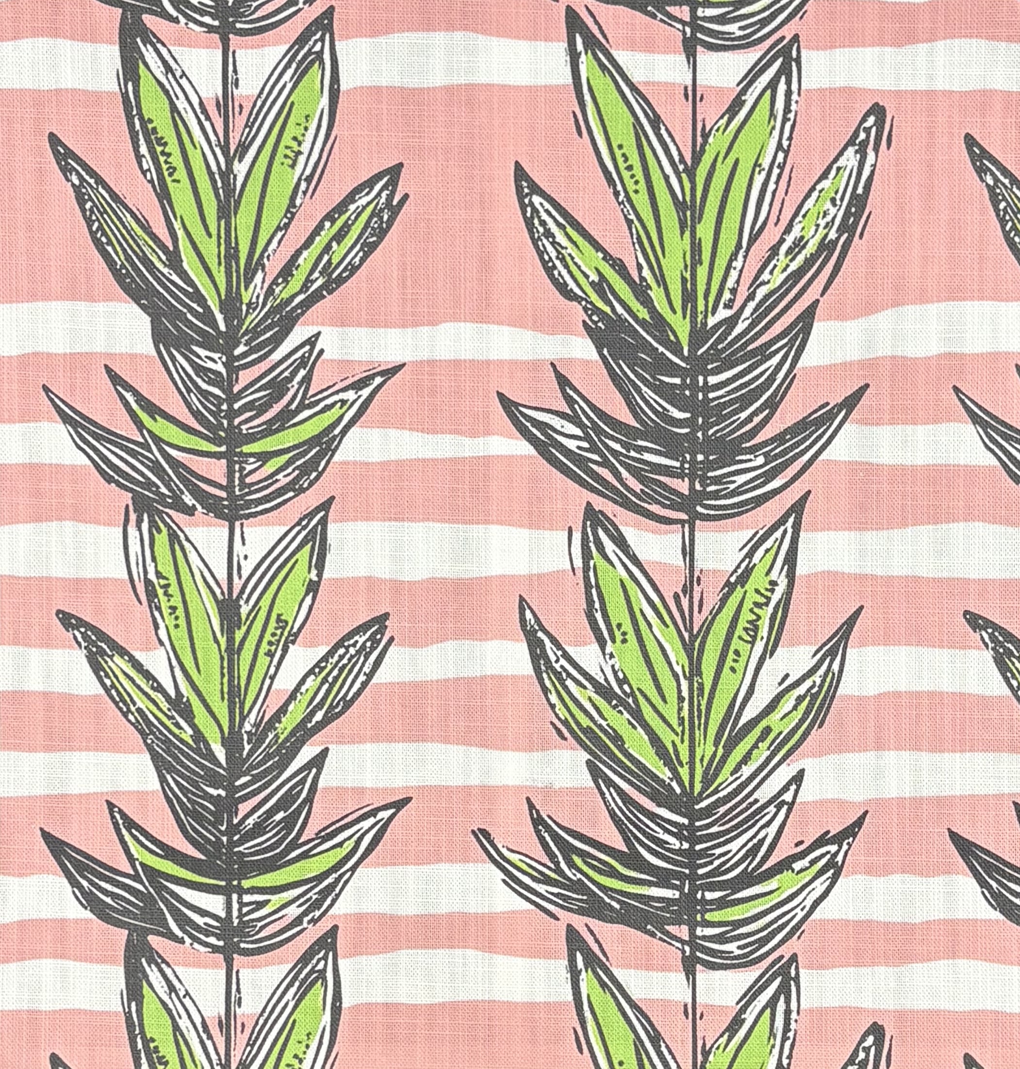 Sketch No.7 pink upholstery fabric with green leaf and black hand-drawn lines