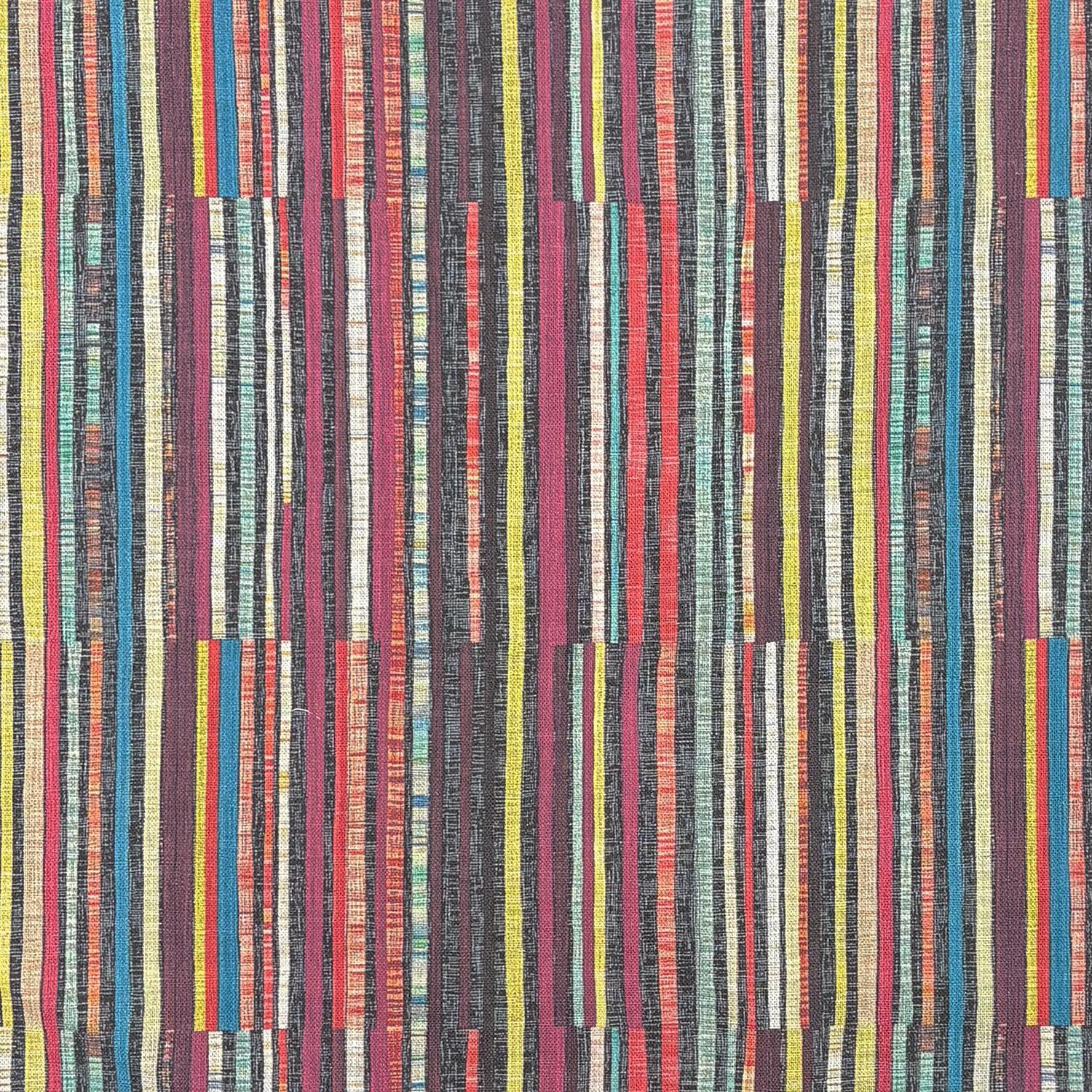 Flat swatch of Striped No.12 upholstery fabric showing detailed vertical stripe layout in bold and pastel tones