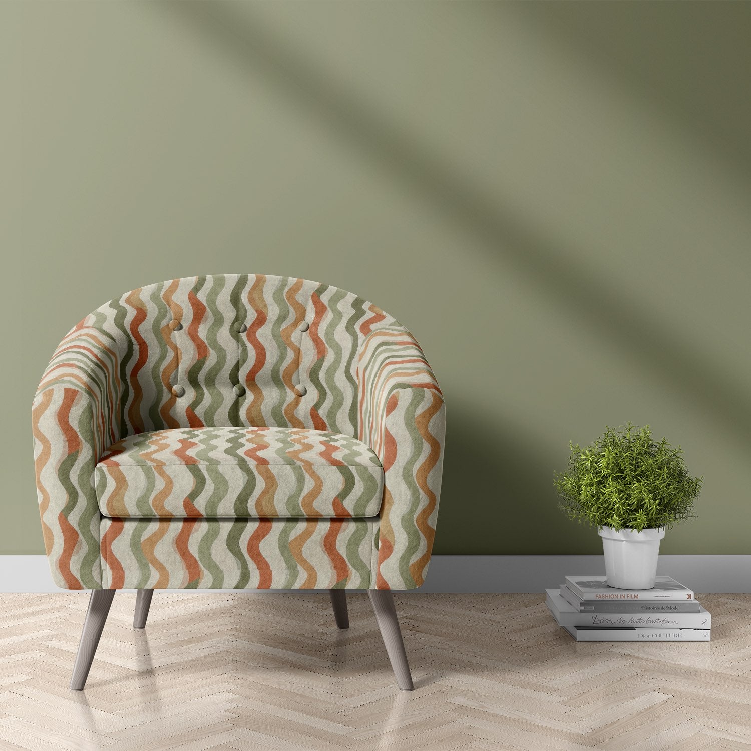 Striped No.13 multicoloured striped upholstery fabric on armchair in modern living room