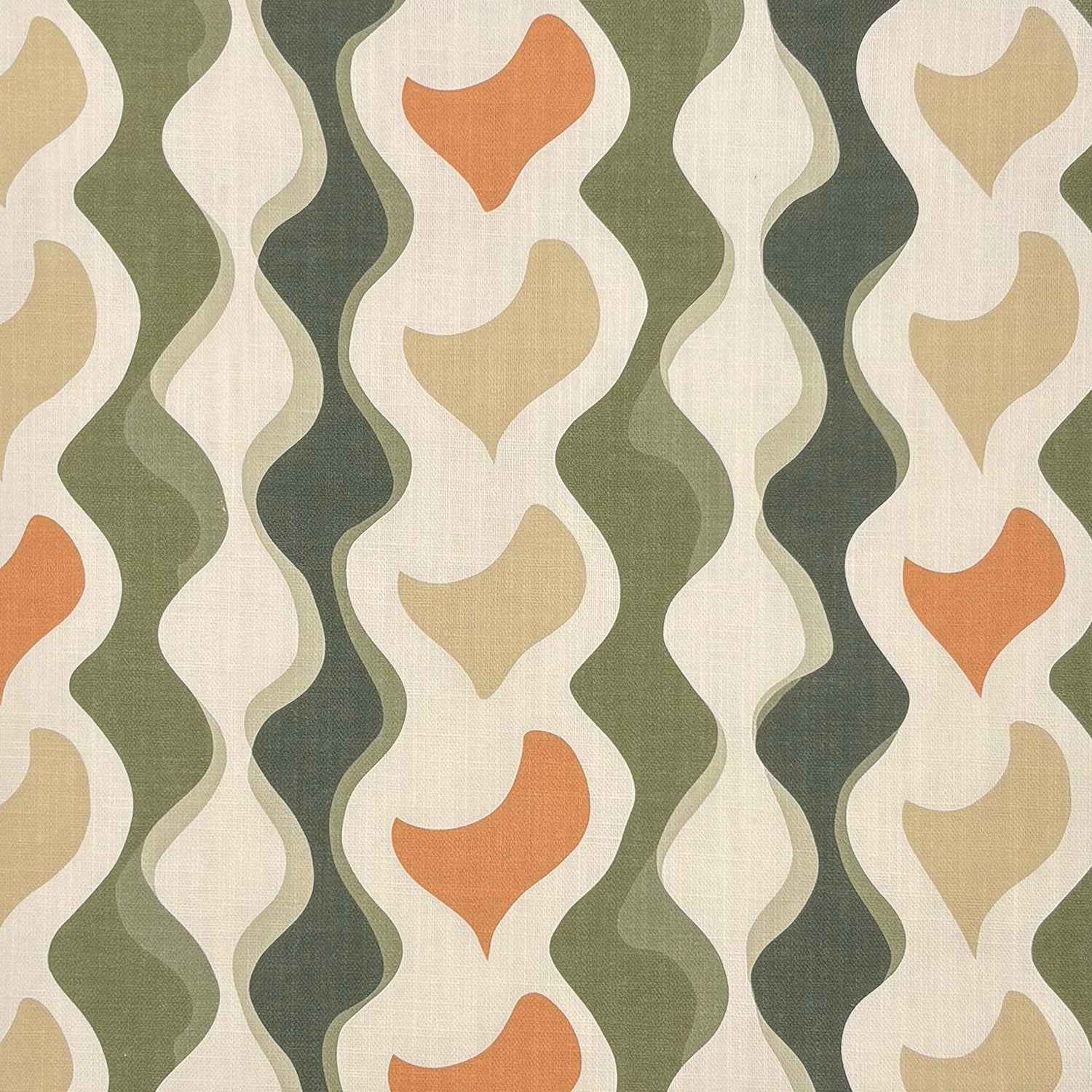 Striped No.14 retro patterned striped upholstery fabric in green, ochre, and beige.