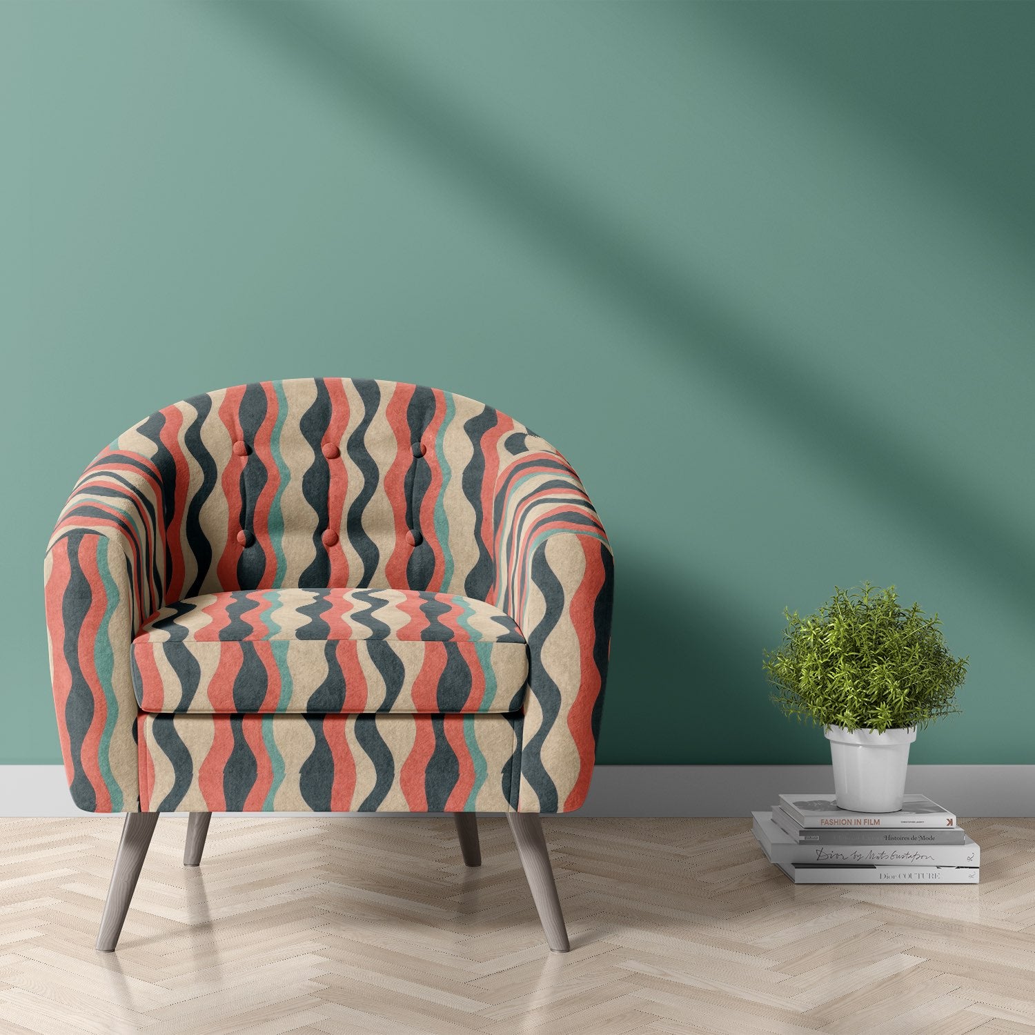 Striped No.15 armchair – bold multicoloured striped upholstery fabric on chair