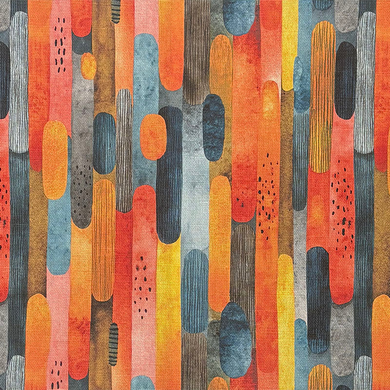 Flatlay showing Striped No.20 multicoloured striped upholstery fabric with rounded vertical motifs in orange, ochre, blue and charcoal.