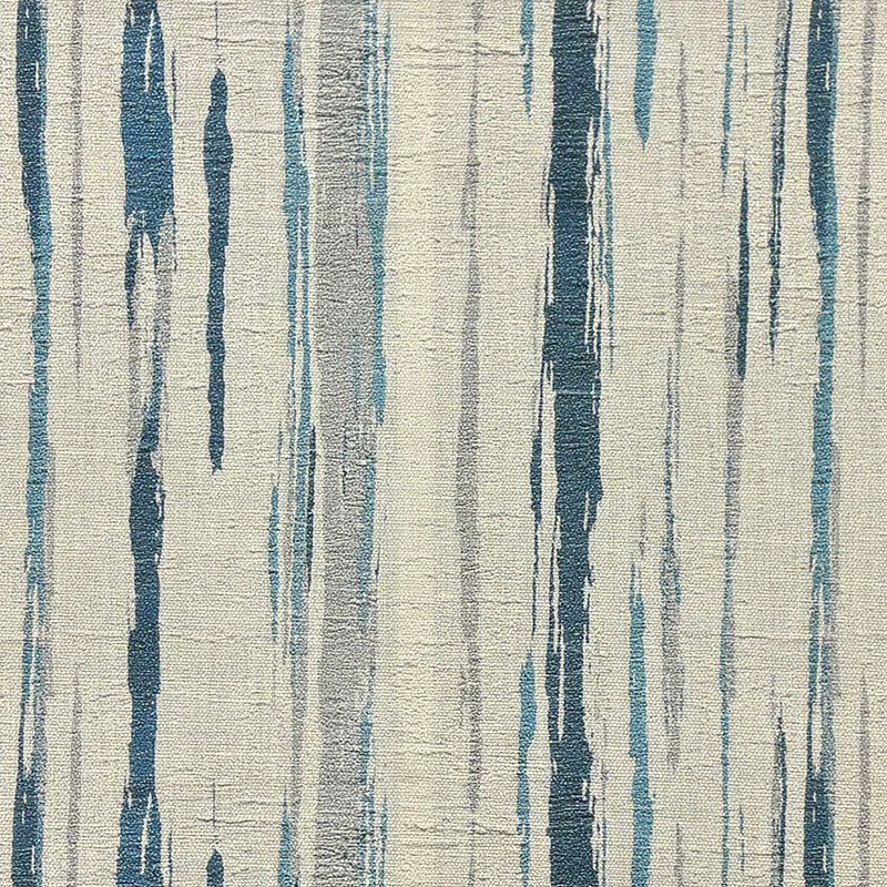 Flat swatch showing Striped No.22 blue and ivory striped upholstery fabric with painterly brushstroke pattern