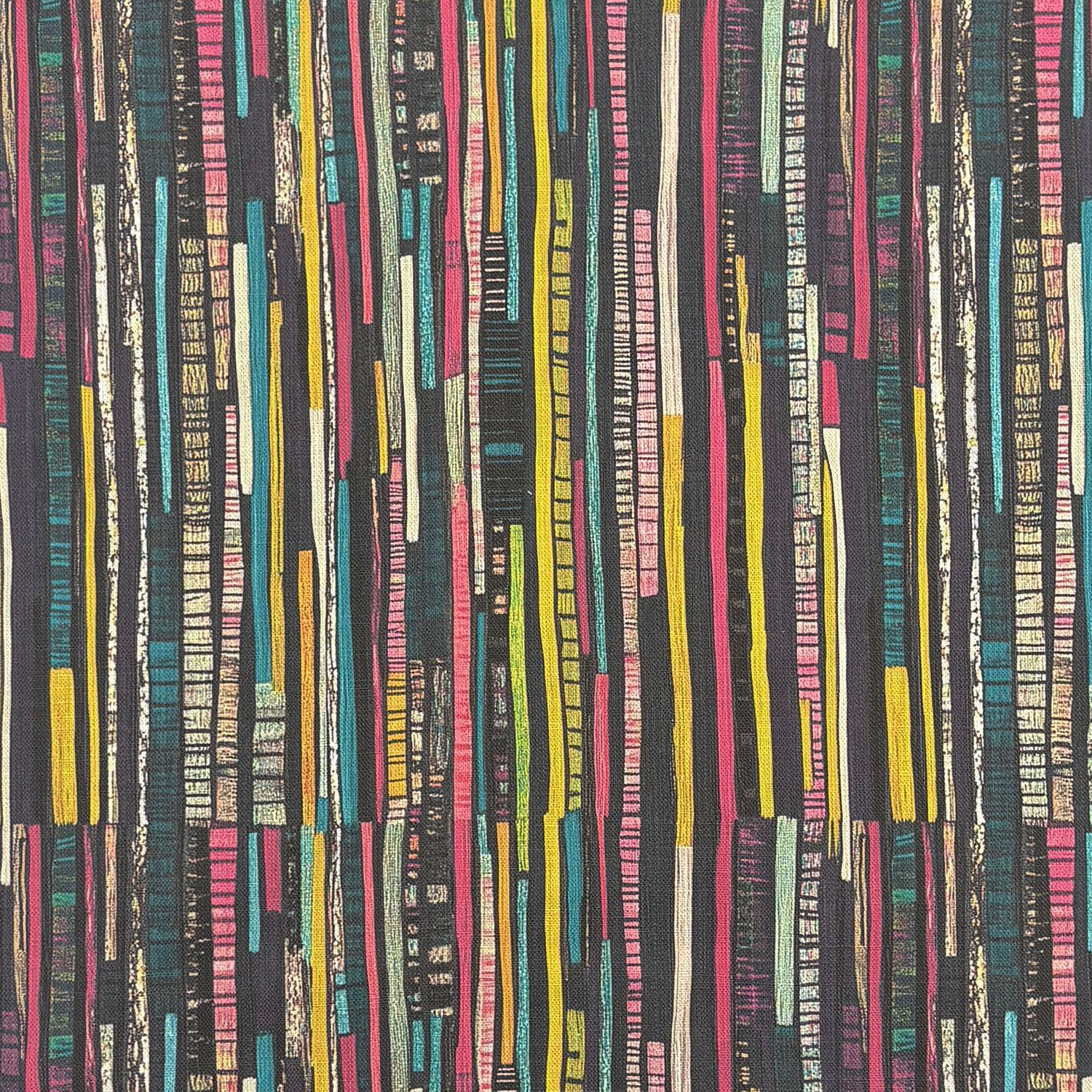 Flat swatch of Striped No.4 upholstery fabric featuring hand-drawn vertical lines in teal, pink, ochre, and black tones