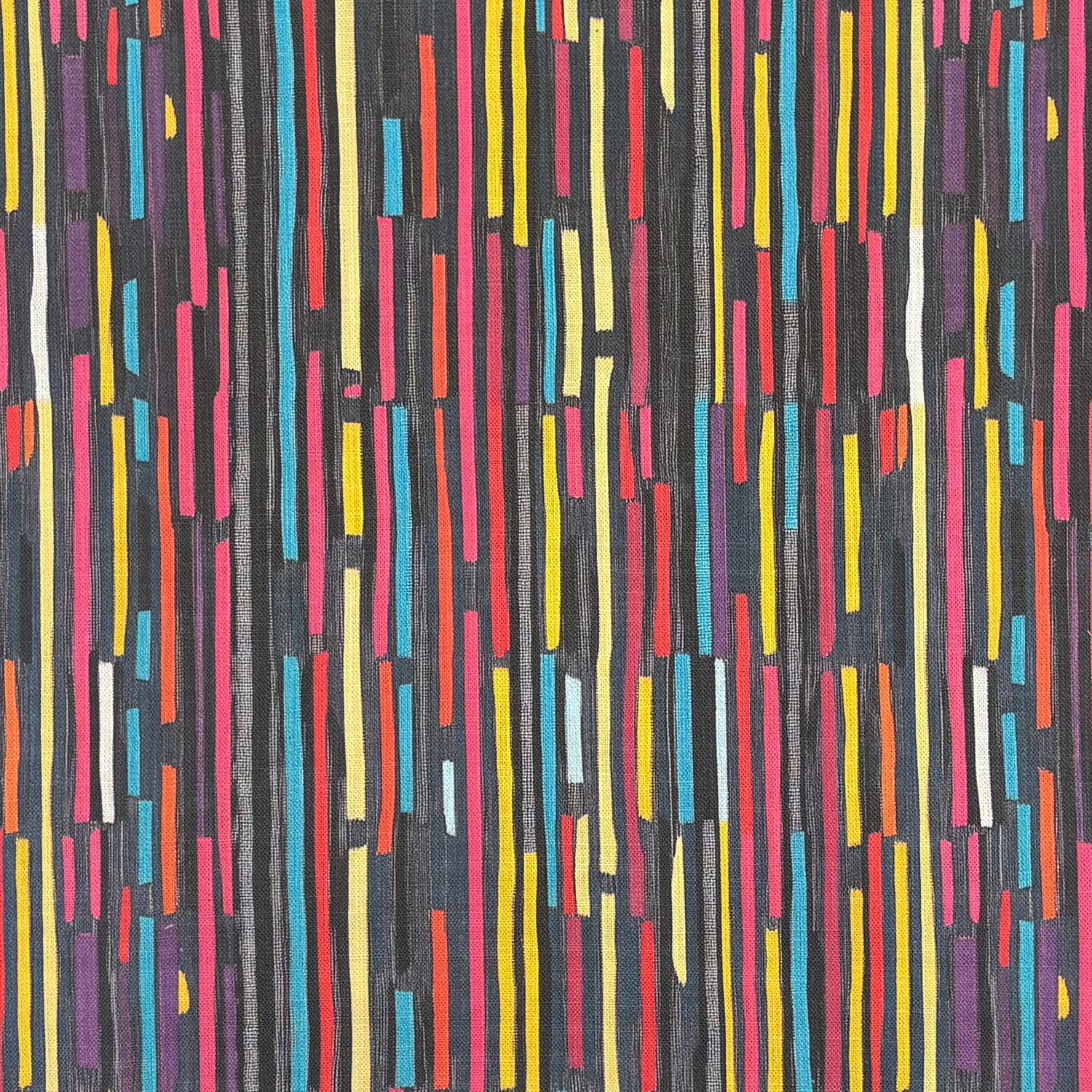 Flat swatch of Striped No.7 upholstery fabric featuring painted lines in red, blue, yellow, violet, and peach on a charcoal background