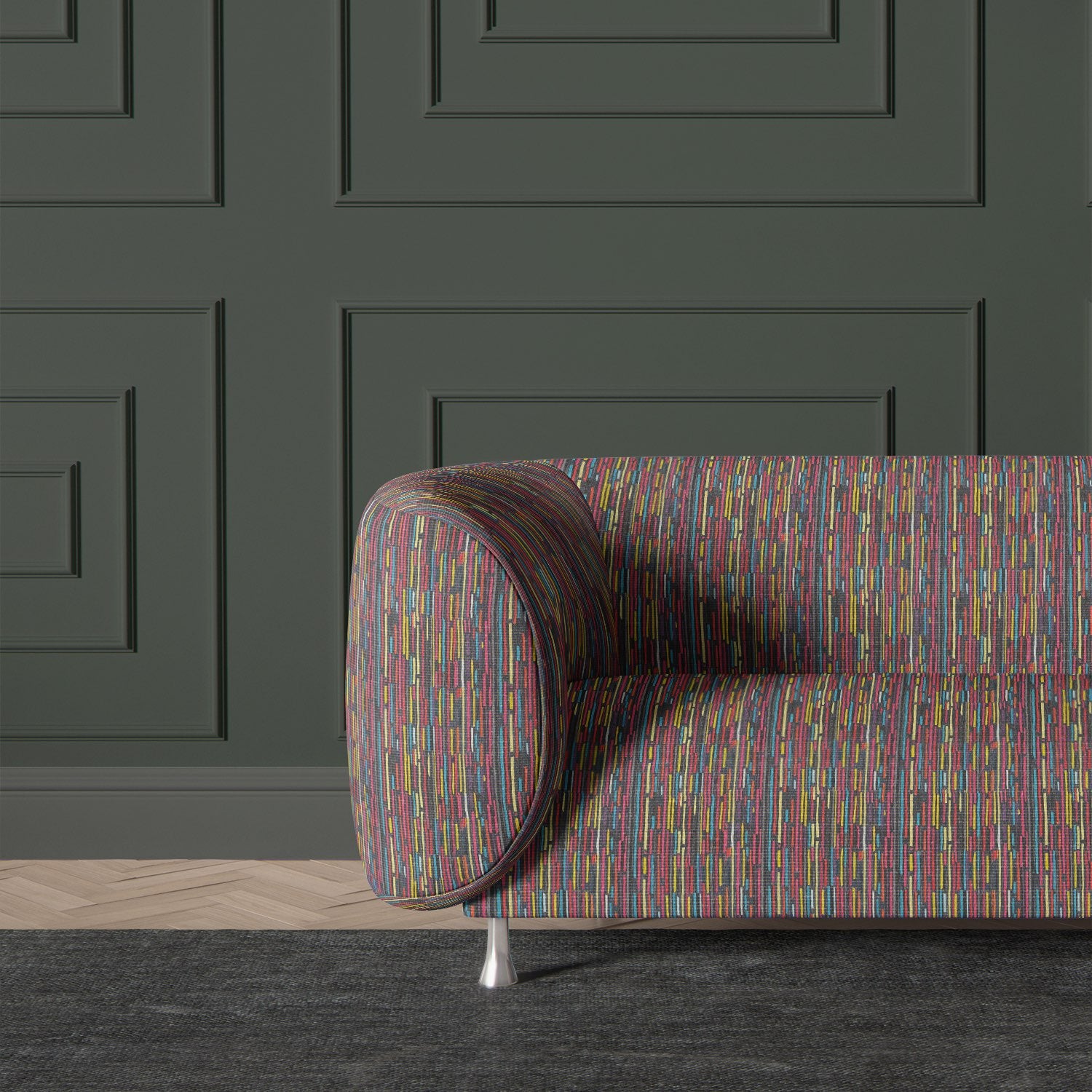 Sofa upholstered in Striped No.7 upholstery fabric with multicoloured vertical brushstroke stripes