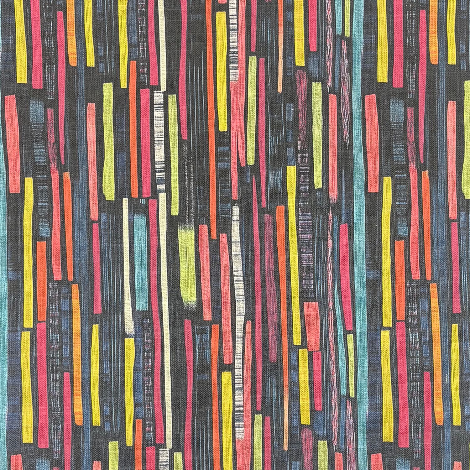 Flat swatch of Striped No.8 upholstery fabric showing bold vertical stripes in red, yellow, aqua blue, orange, and pink on dark ground