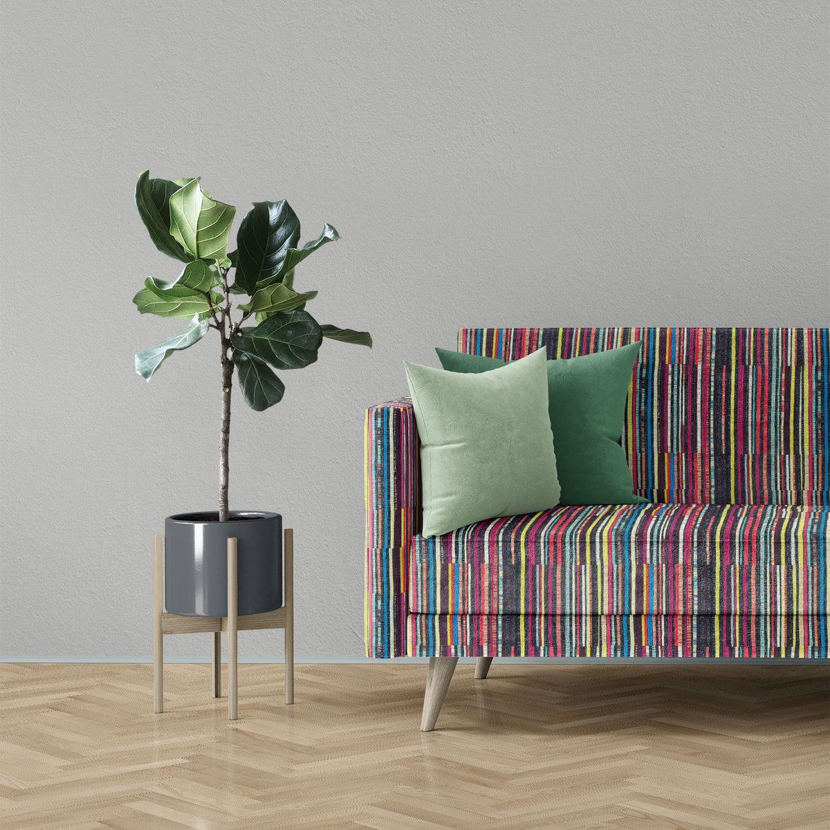 Luxury sofa upholstered in Striped No.12 sage, plum, blue, ochre and blush artistic stripe Crib5 printed velvet