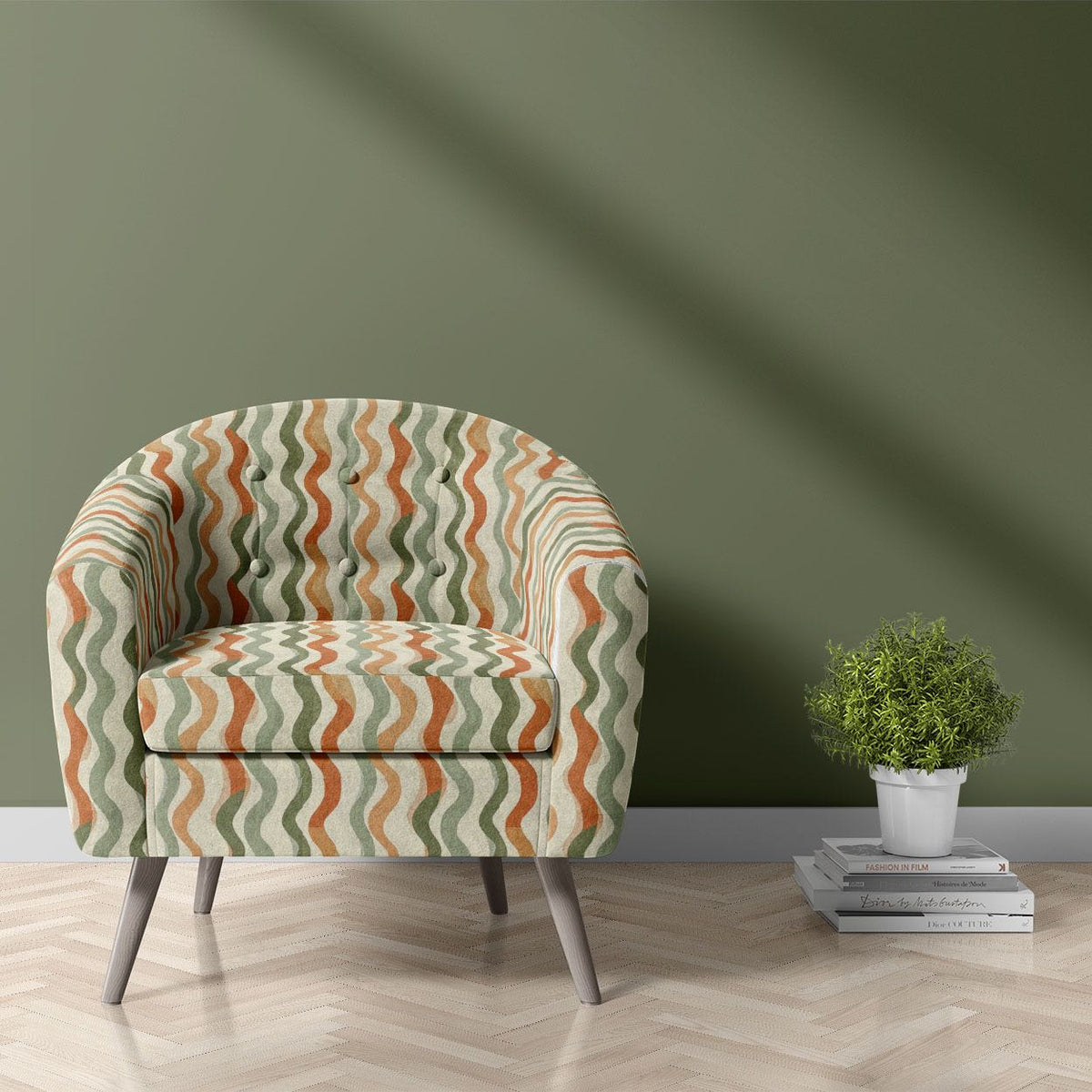 Striped No.13 olive green, terracotta and ochre wave stripe Crib5 velvet upholstery fabric shown on a statement chair