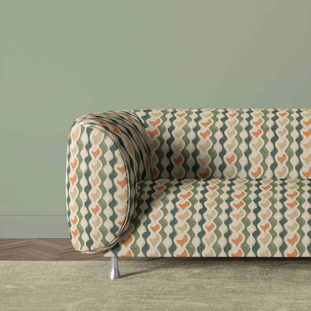 Luxury sofa upholstered in Striped No.14 green, ochre and neutral retro wave stripe Crib5 printed velvet