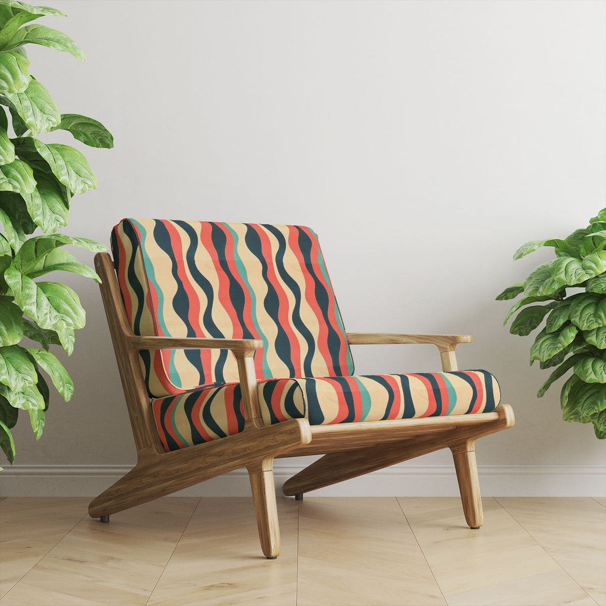 Striped No.15 coral, teal and navy flowing wave stripe Crib5 velvet upholstery fabric shown on a statement chair