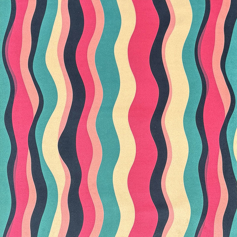 Striped No.16 coral pink, teal, charcoal and sand wave stripe Crib5 printed velvet upholstery fabric by Saint and Poet