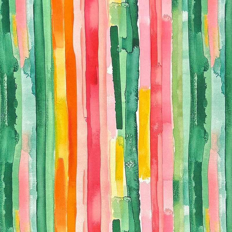 Green, coral pink, ochre and orange painted stripe in Striped No.17 Crib5 velvet fabric for upholstery and curtains