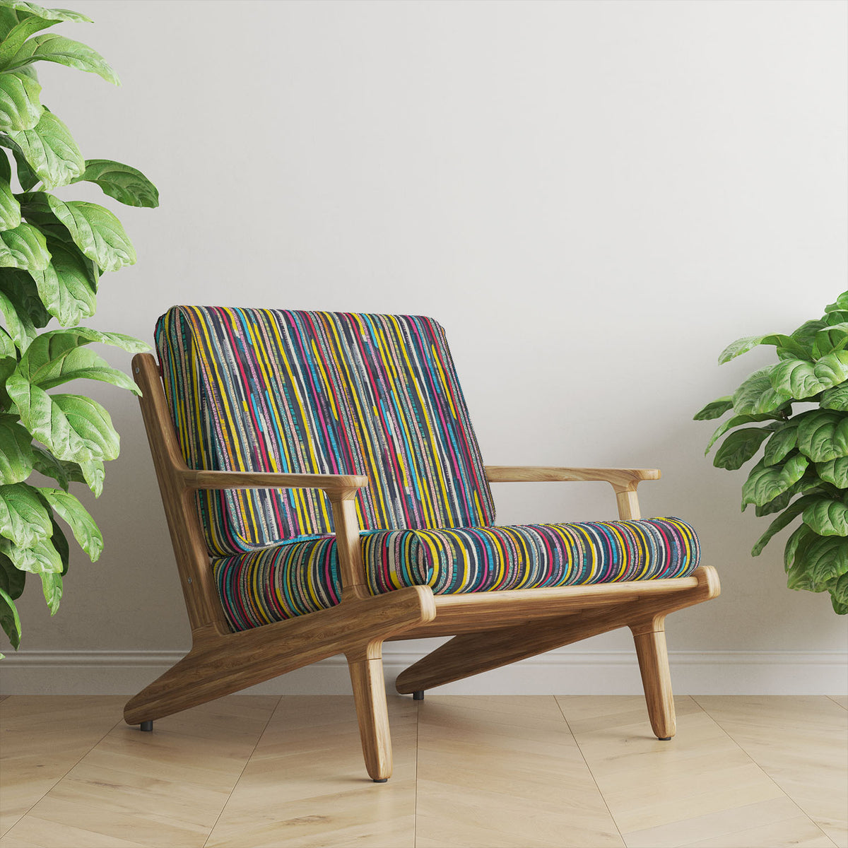Striped No.1 multicoloured hand-drawn stripe in mustard, teal, pink and cobalt Crib5 velvet upholstery fabric shown on a statement chair