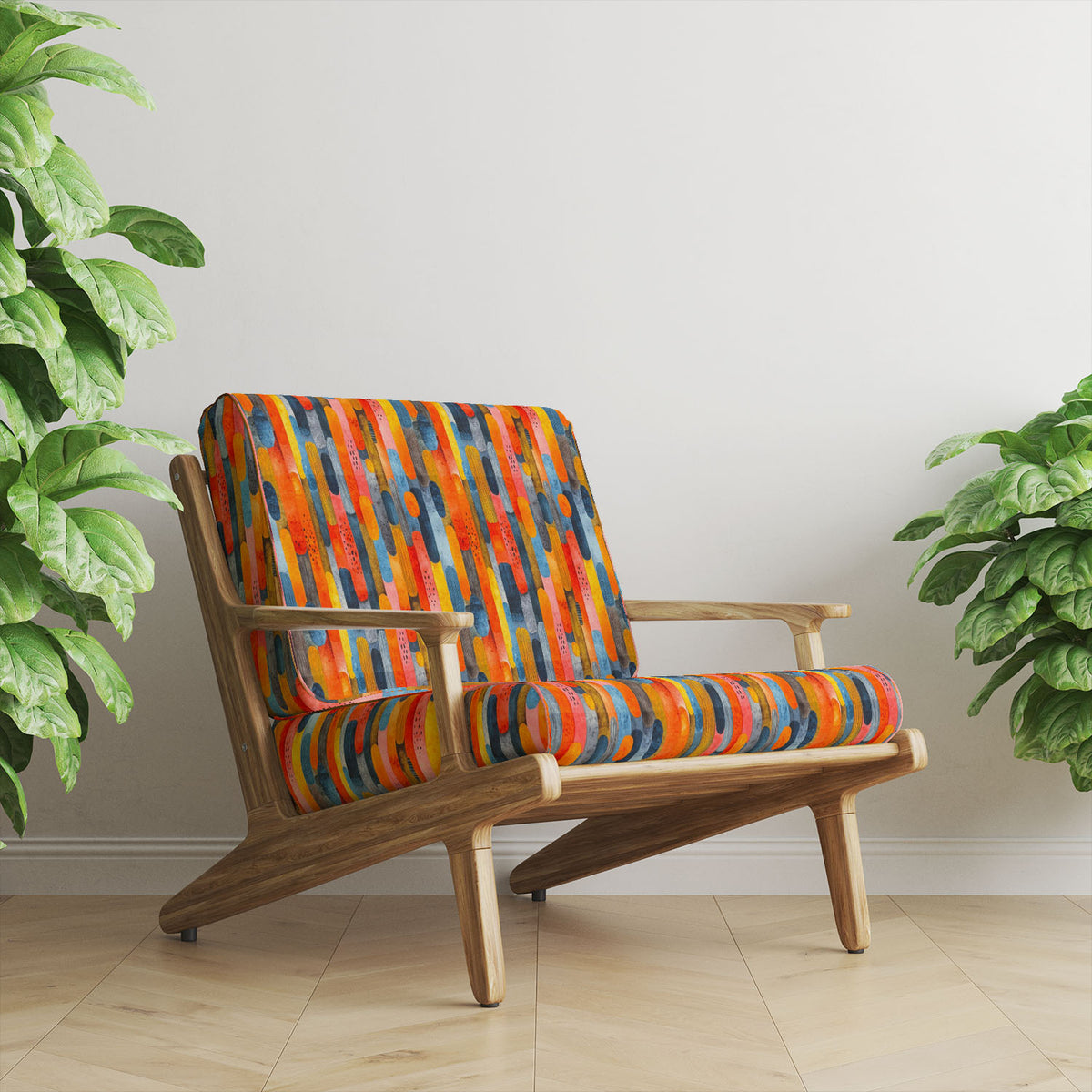 Striped No.20 burnt orange, petrol blue and mustard rounded stripe Crib5 velvet upholstery fabric shown on a statement chair