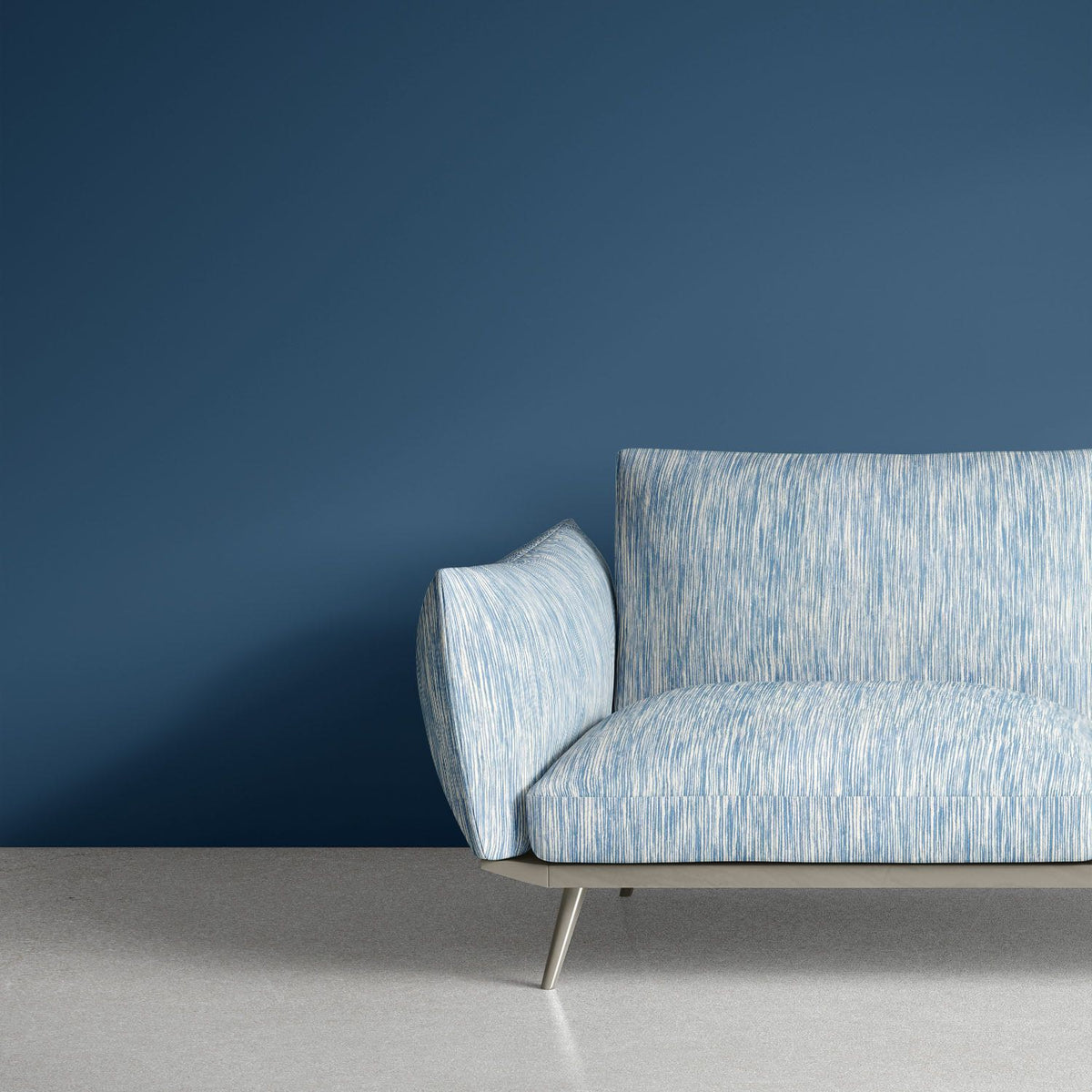 Luxury sofa upholstered in Striped No.24 blue, teal and mineral fine stripe Crib5 printed velvet