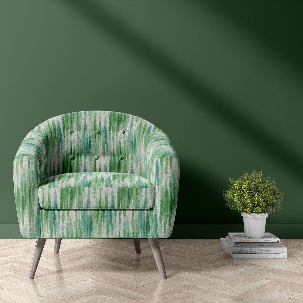 Striped No.25 sage, jade and off-white brushstroke stripe Crib5 velvet upholstery fabric shown on a statement chair