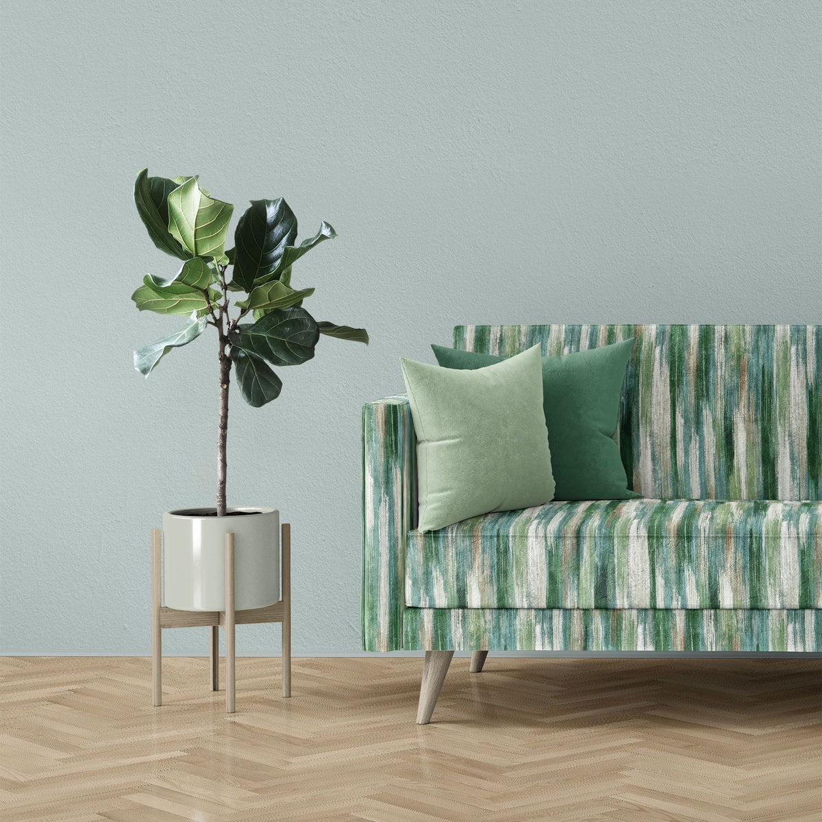 Luxury sofa upholstered in Striped No.26 green, teal and ochre painterly stripe Crib5 printed velvet