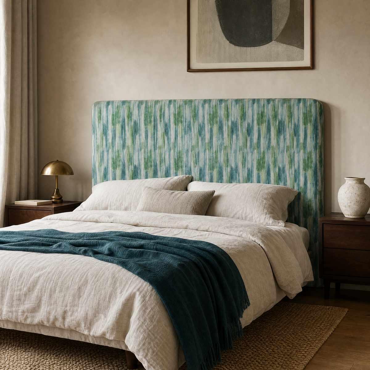 Striped No.27 moss, sage and lime broad painted stripe Crib5 velvet fabric styled on an upholstered headboard