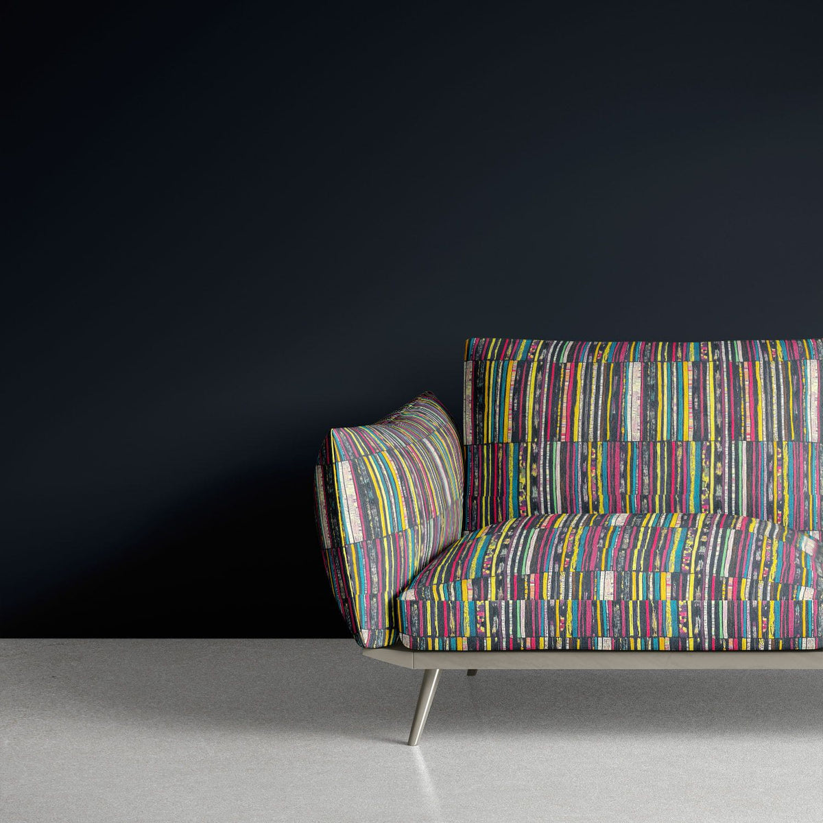 Luxury sofa upholstered in Striped No.2 multicoloured painterly stripe in mustard, fuchsia, blue and jade Crib5 printed velvet