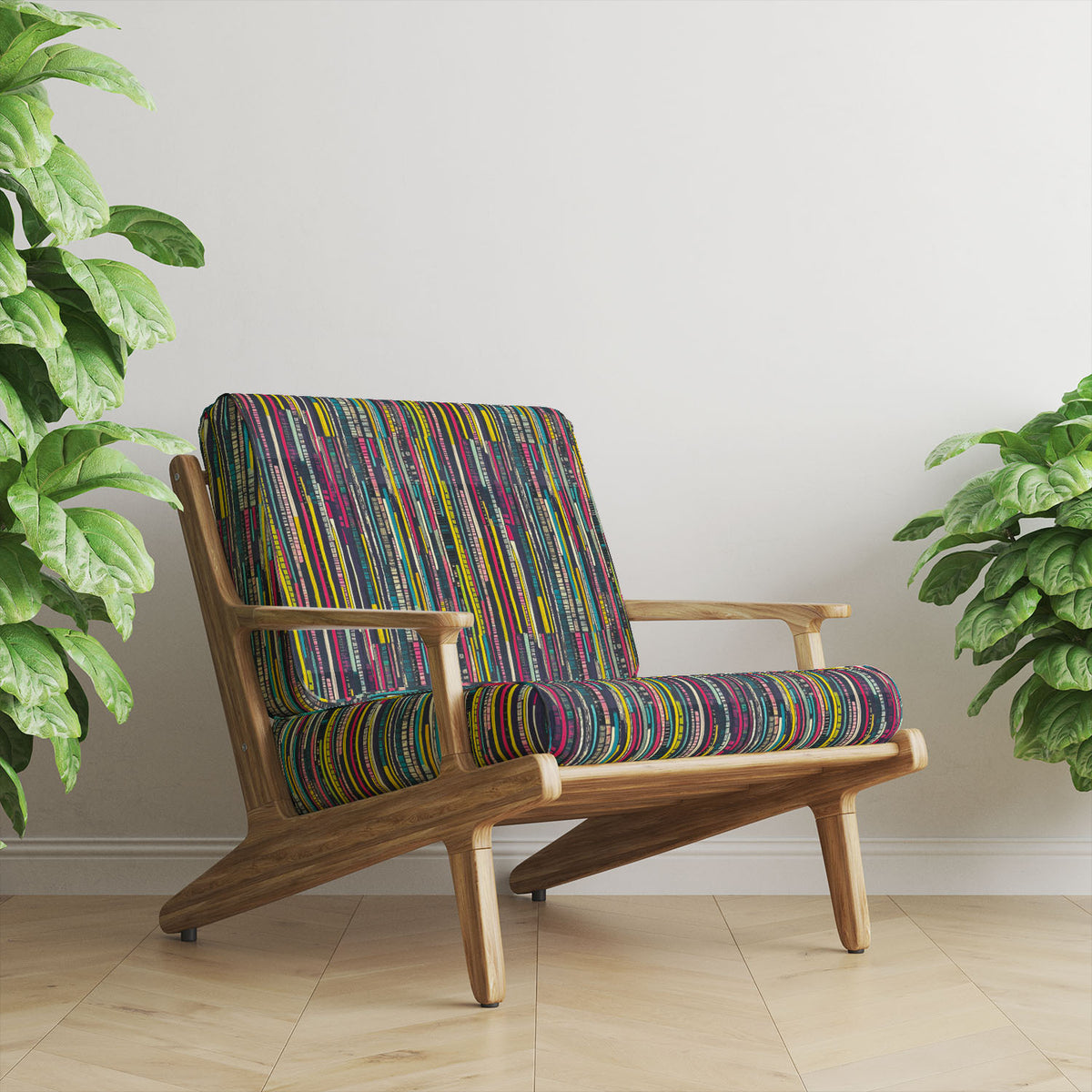 Striped No.4 hot pink, ochre, teal and black hand-drawn stripe Crib5 velvet upholstery fabric shown on a statement chair