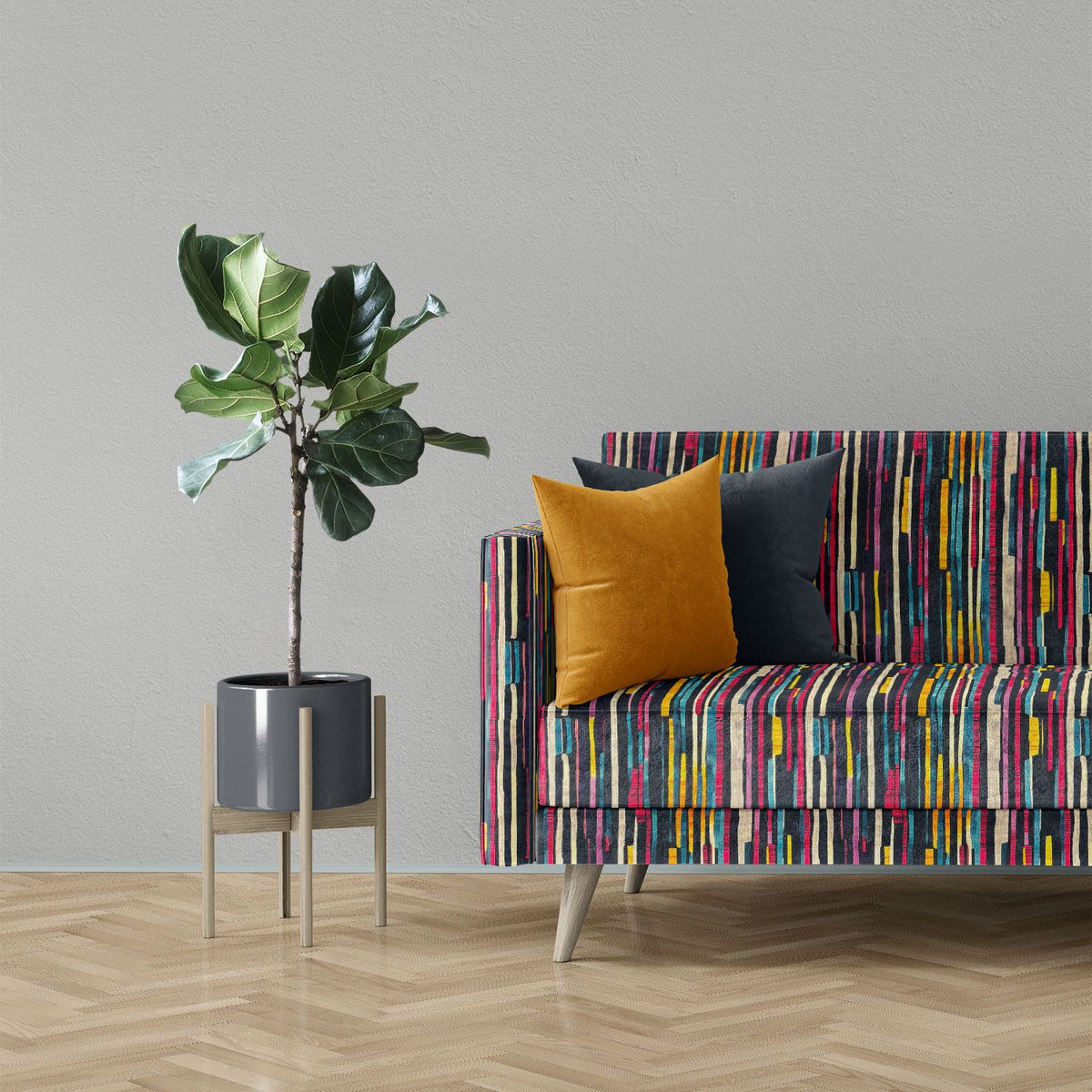 Luxury sofa upholstered in Striped No.5 orange, teal, pink and yellow painted stripe Crib5 printed velvet
