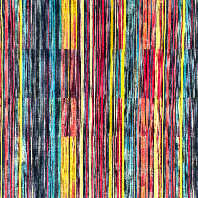 Flat view of Striped No.9 coral, ochre, teal, yellow and cobalt narrow stripe Crib5 velvet upholstery fabric