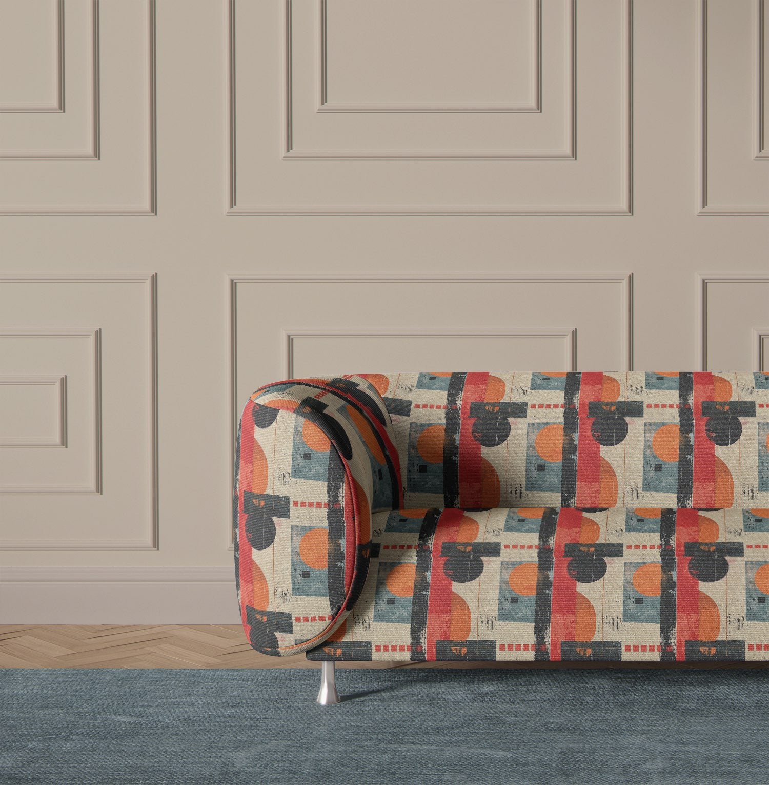 Sofa upholstered in vintage-inspired abstract upholstery fabric
