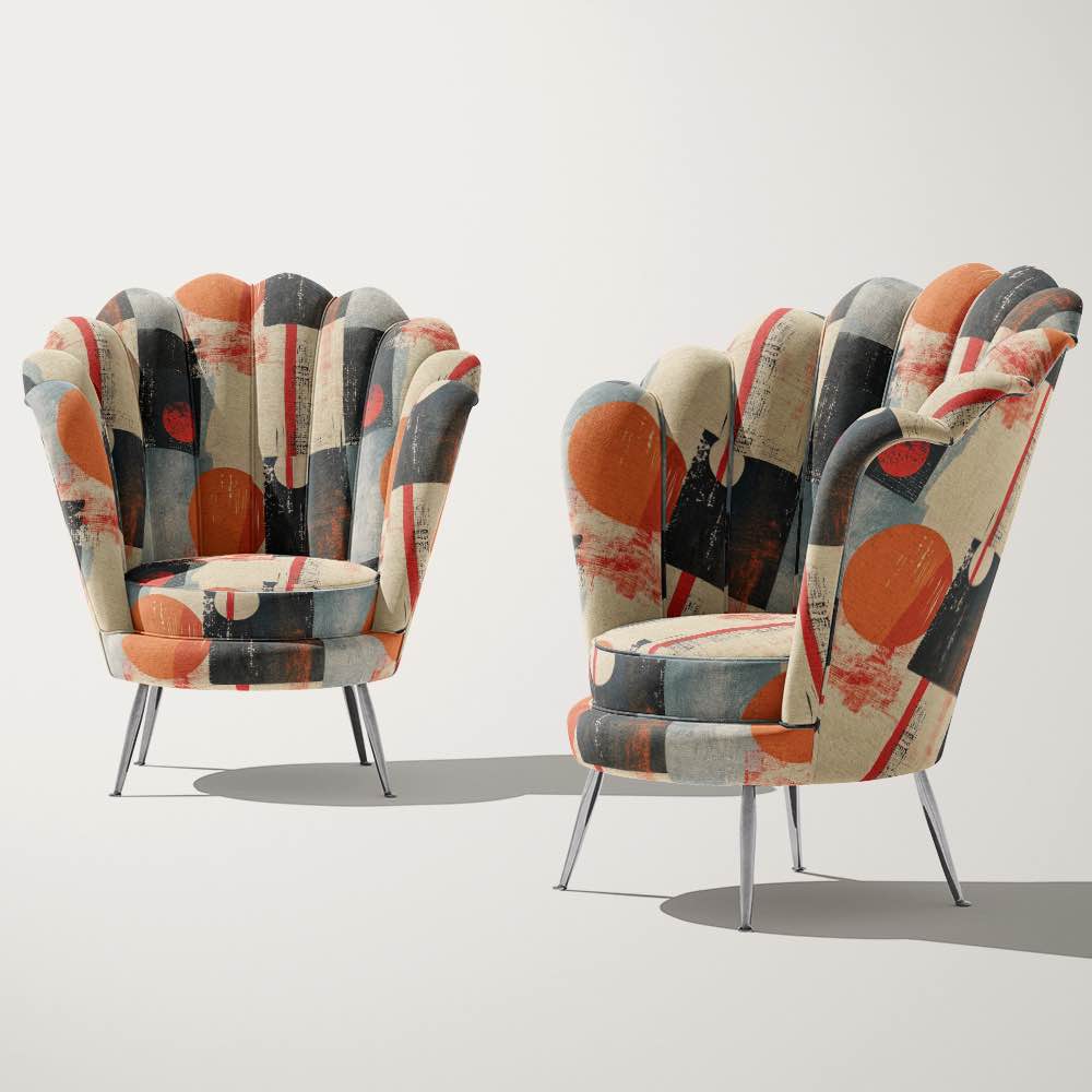 Armchairs upholstered in graphic upholstery fabric with circles and lines