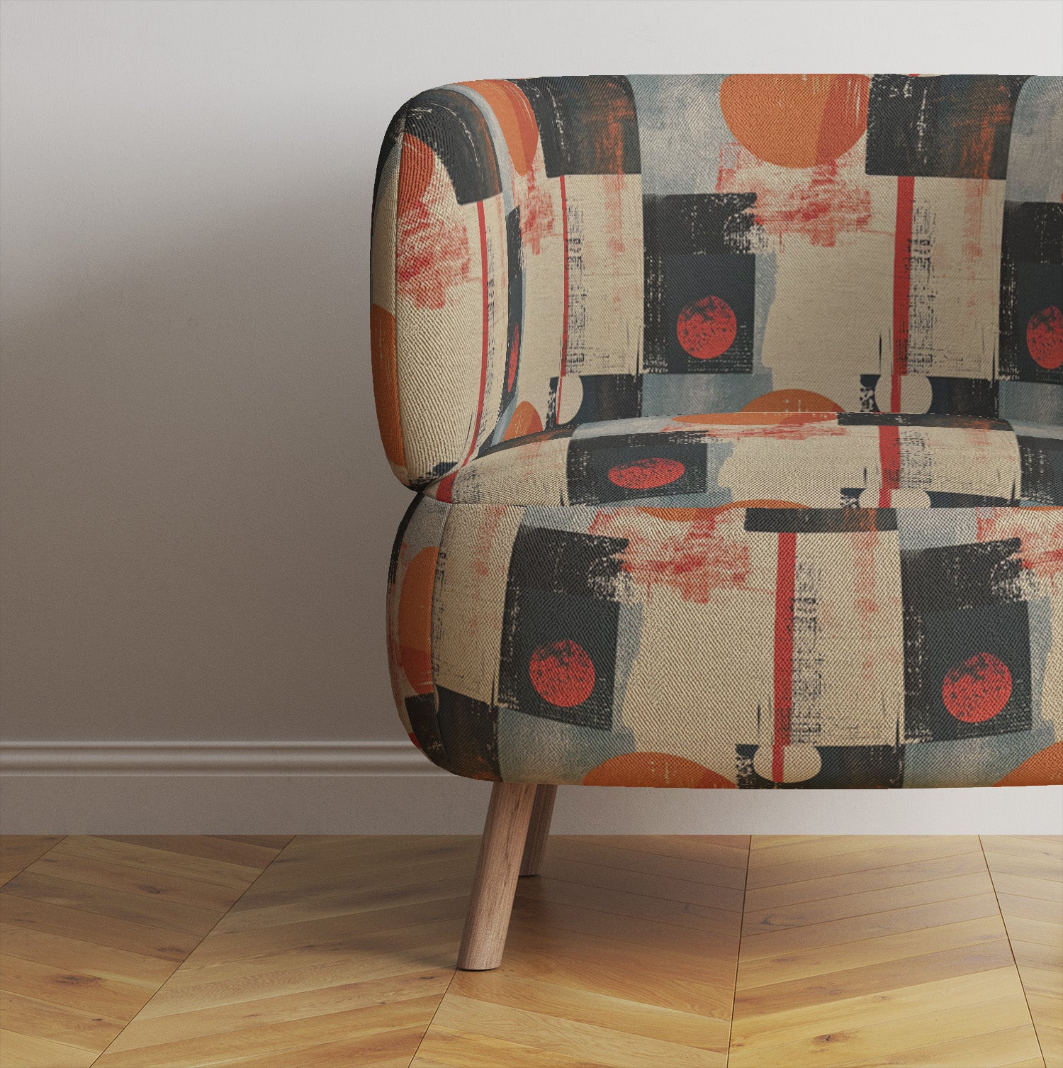 Armchairs upholstered in graphic upholstery fabric with circles and lines