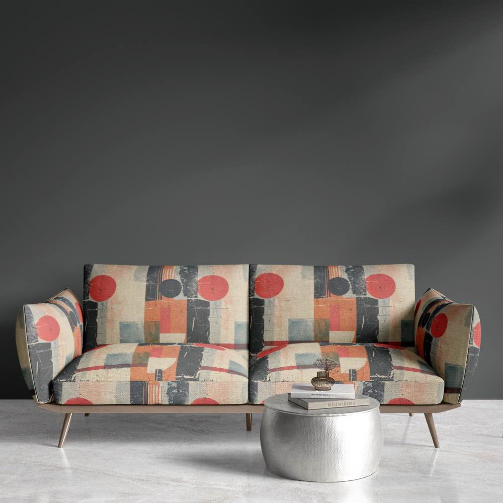 Graphic sofa upholstered in red, black and blue geometric fabric