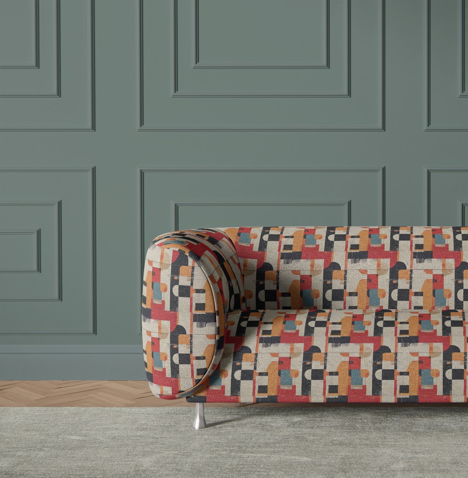 Accent chair upholstered in bold geometric multicoloured fabric