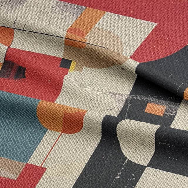 Artistic upholstery fabric in beige, red, black, and teal