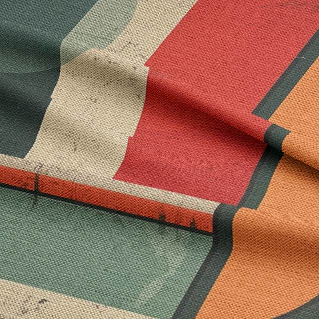 Curtain fabric with teal, orange, and cream distressed pattern