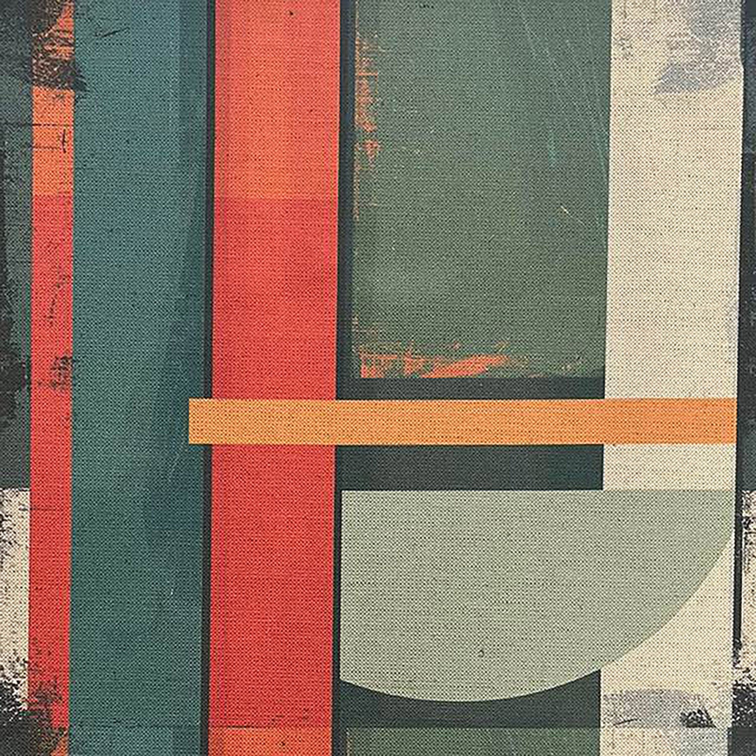 Teal abstract upholstery fabric with rust and sage – Symbolic No.1 flat lay