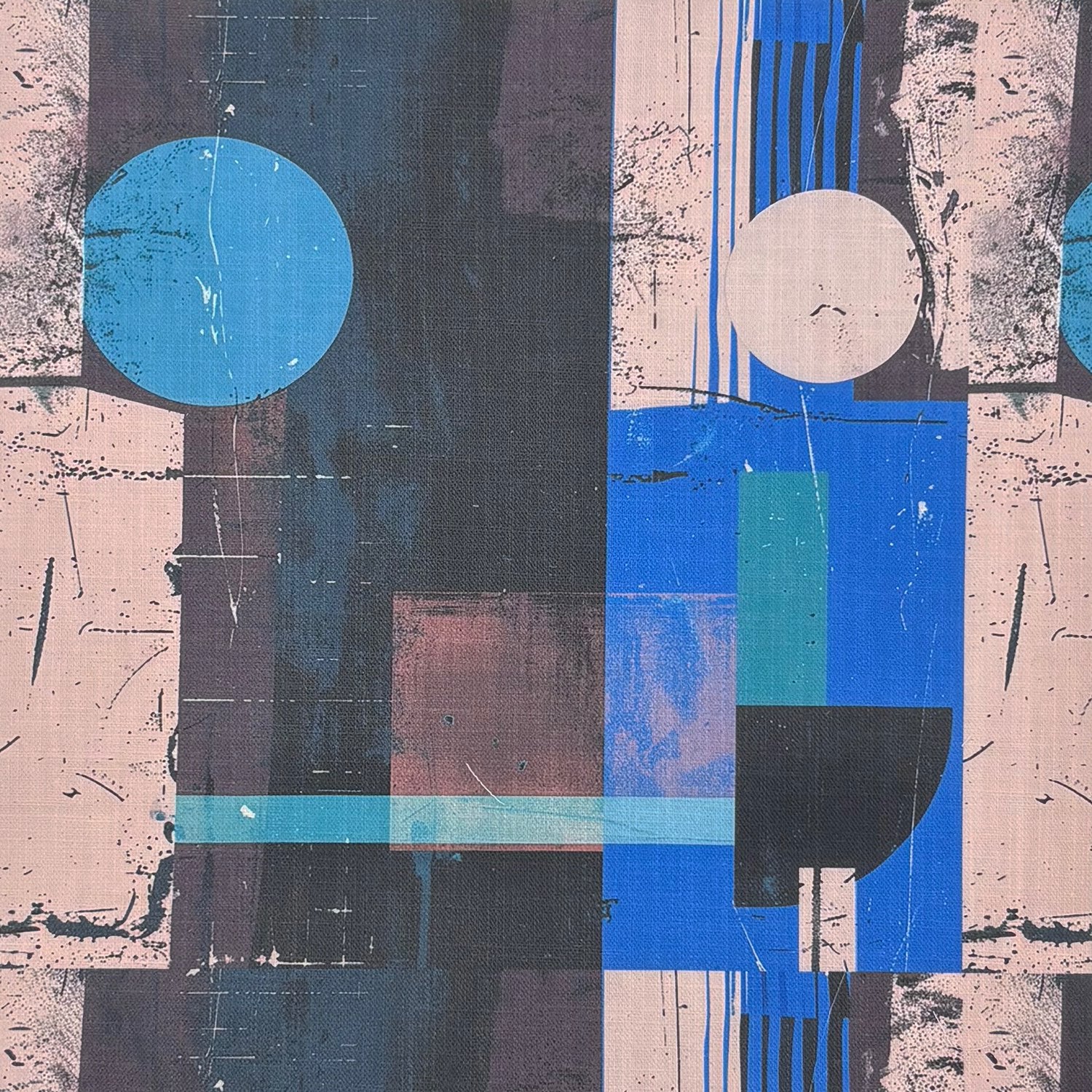 Flat image of Symbolic No.20 geometric patterned upholstery fabric in blue, mauve, and blush tones