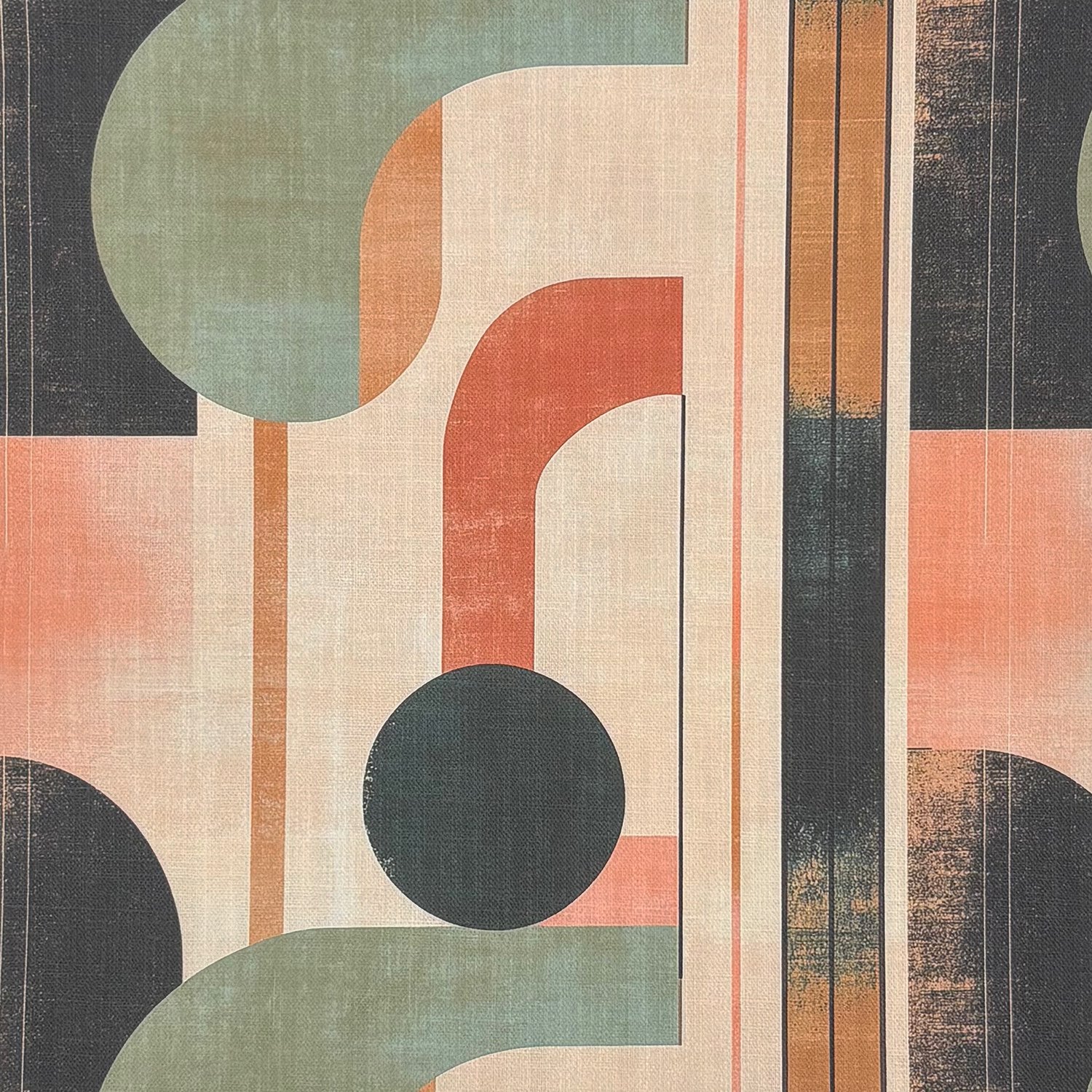 Flat fabric image of Symbolic No.21 geometric multicoloured upholstery fabric with terracotta, sage, and charcoal shapes