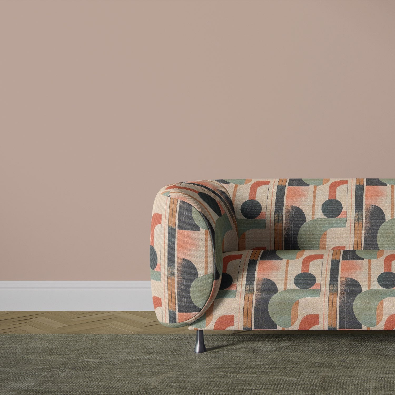 Sofa upholstered in Symbolic No.21 modern geometric upholstery fabric with bold curved and linear design