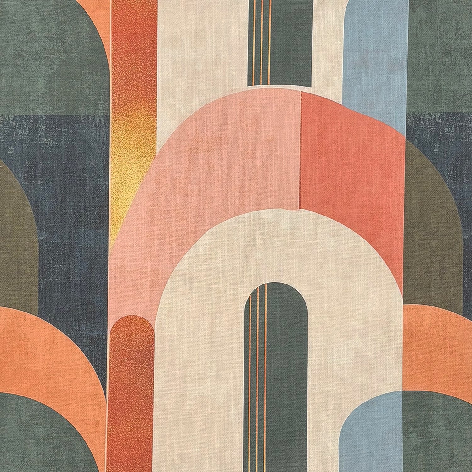 Flat image of Symbolic No.22 upholstery fabric with bold modernist arches in coral, teal, and ochre