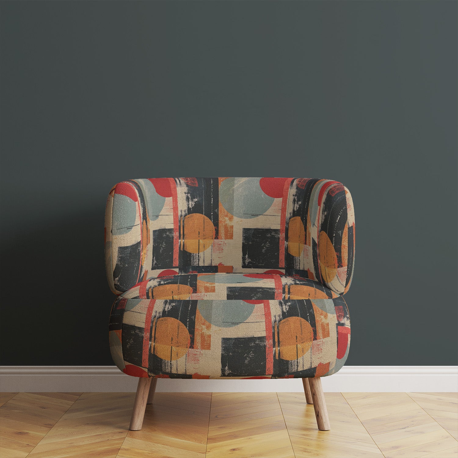 Symbolic No.2 fabric styled on curved chair with teal, rust, and black