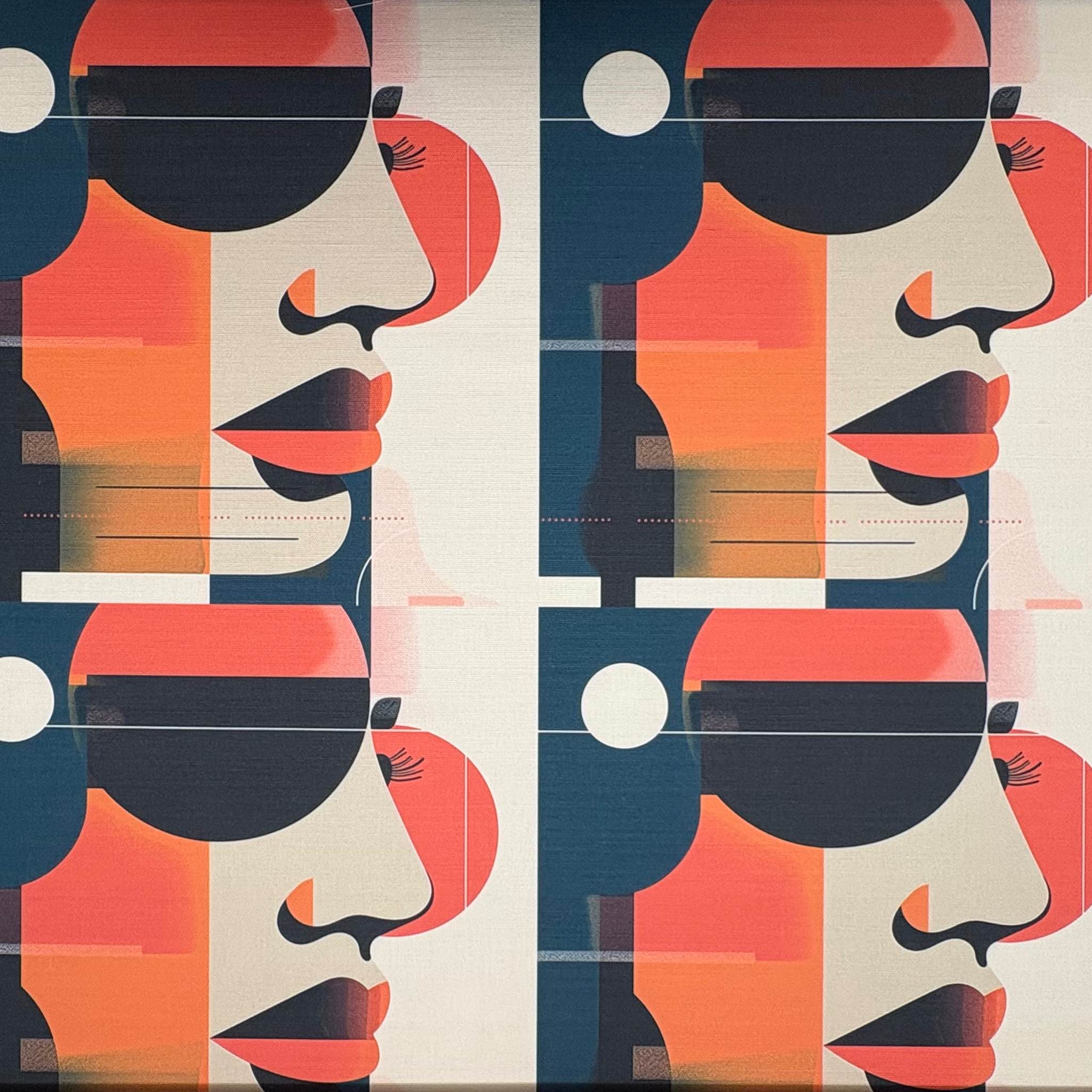 Abstract face upholstery fabric in coral and navy – Symbolic No.3