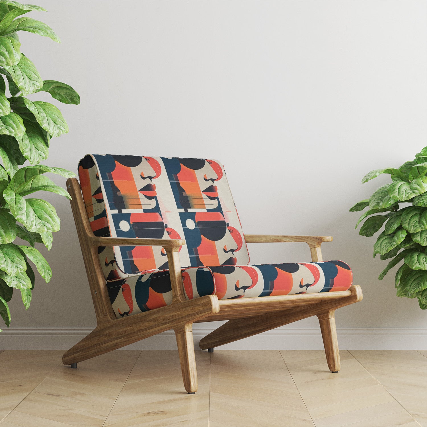 Symbolic No.3 fabric upholstered on modern armchair in vibrant tones