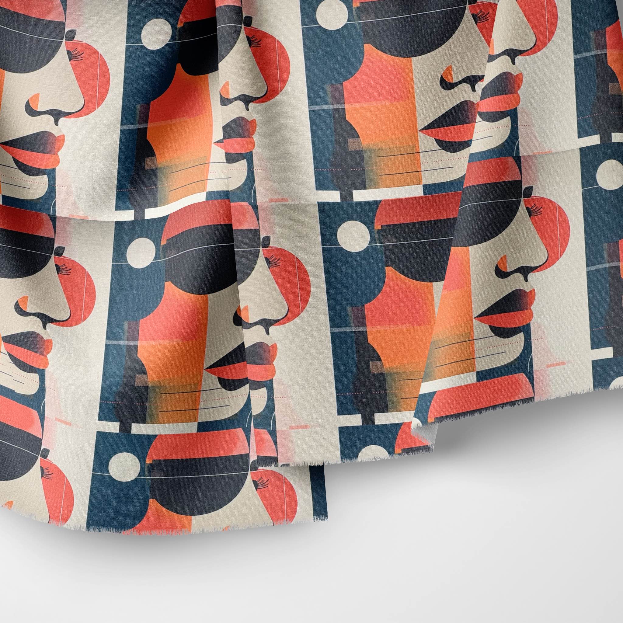 Draped upholstery fabric showing artistic face pattern in warm hues