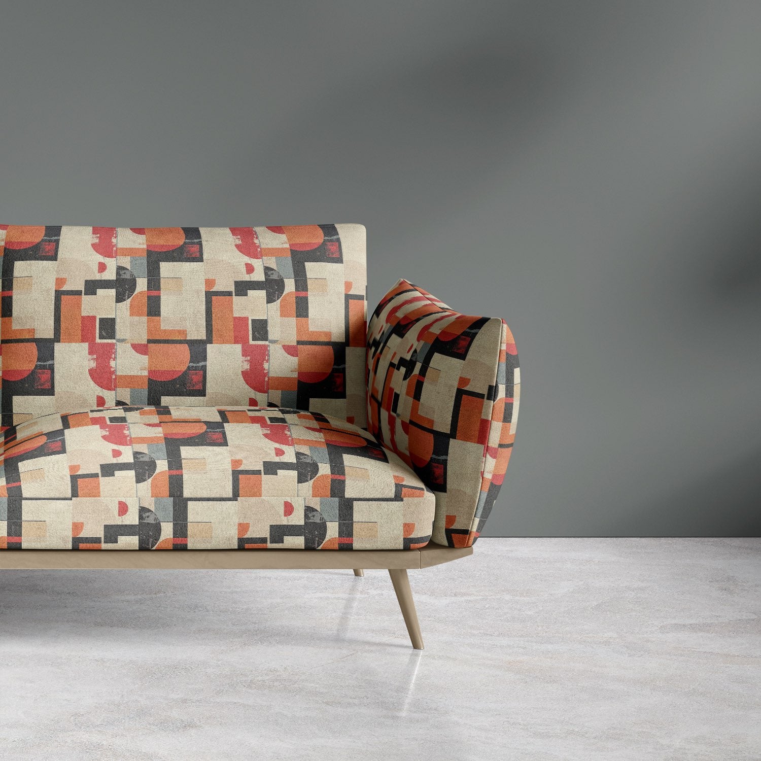 Upholstered armchair in clay-toned geometric retro upholstery fabric