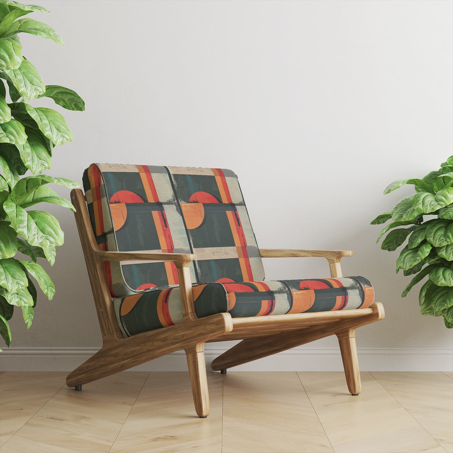 Chairs upholstered in teal and clay retro abstract upholstery fabric