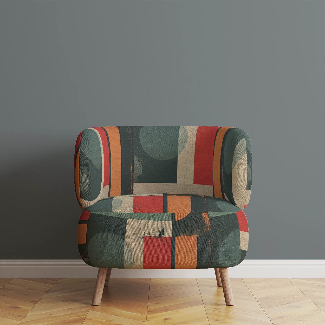 Armchair upholstered in Symbolic No.6 artistic teal upholstery fabric