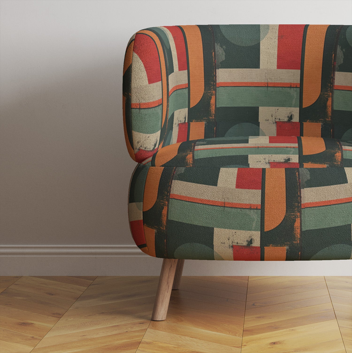 Armchair upholstered in Symbolic No.6 artistic teal upholstery fabric